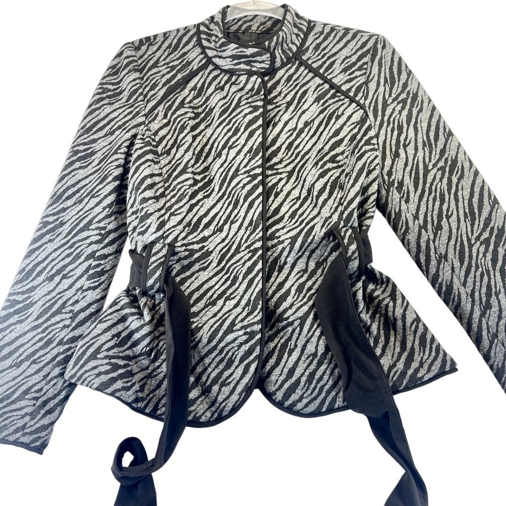 SANDRO Womens M Black Animal Striped Linen Blazer Jacket Hidden Buttons Tie Belt